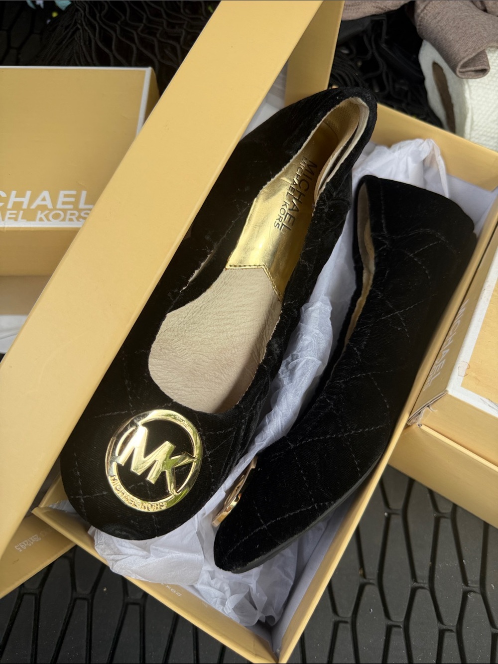 Michael Kors Black Quilted Velvet Ballet Flats with Gold MK Medallion